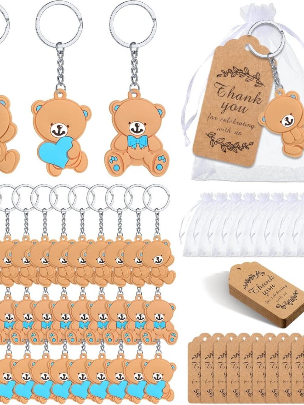 120 Pcs Favors Party Favor Bear Keychain, Blue, Cute